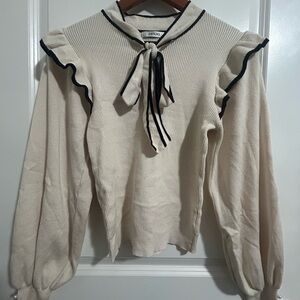 J-Fashion Cream Ruffled Blouse with Black Trim